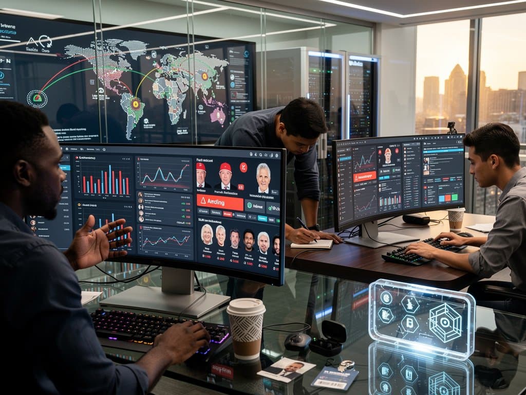 Diverse fintech engineers analyze fake pro-Trump avatars and crypto charts in modern lab with global digital trust focus