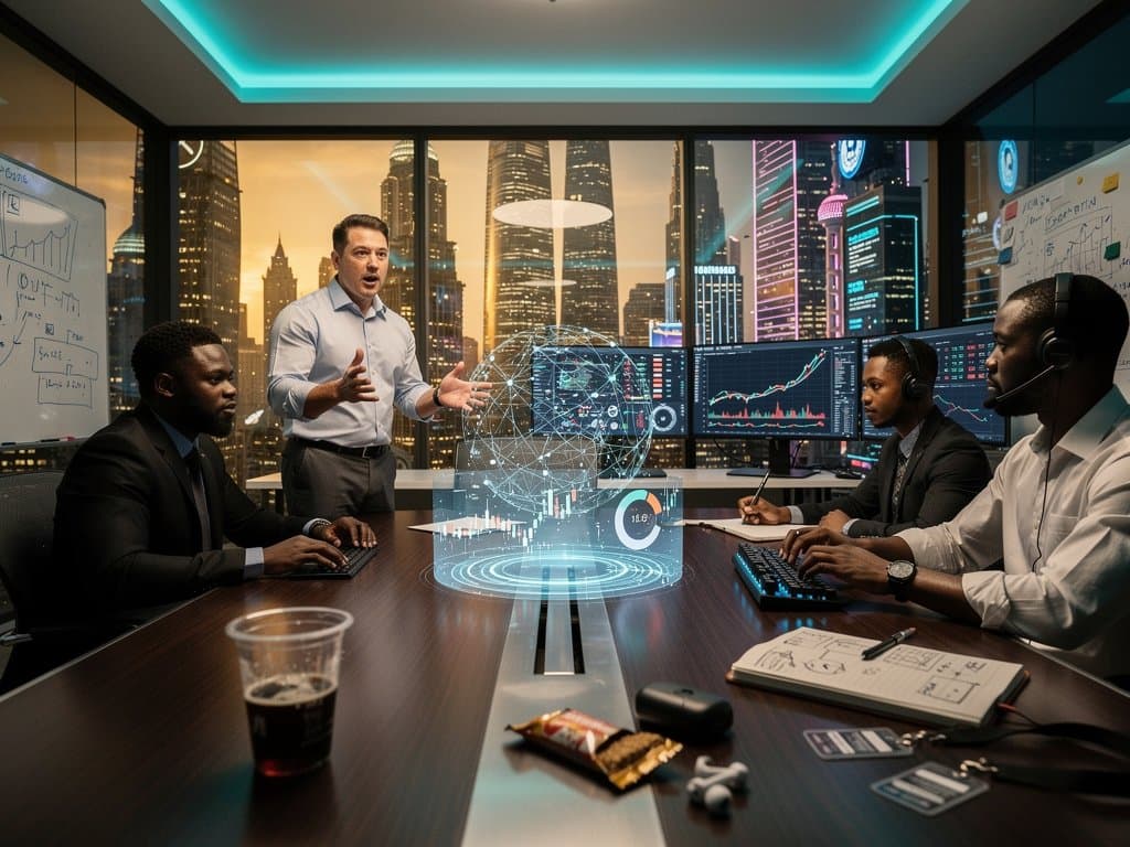 Abstract fintech team views AI neural networks and crypto Fear & Greed charts in global office