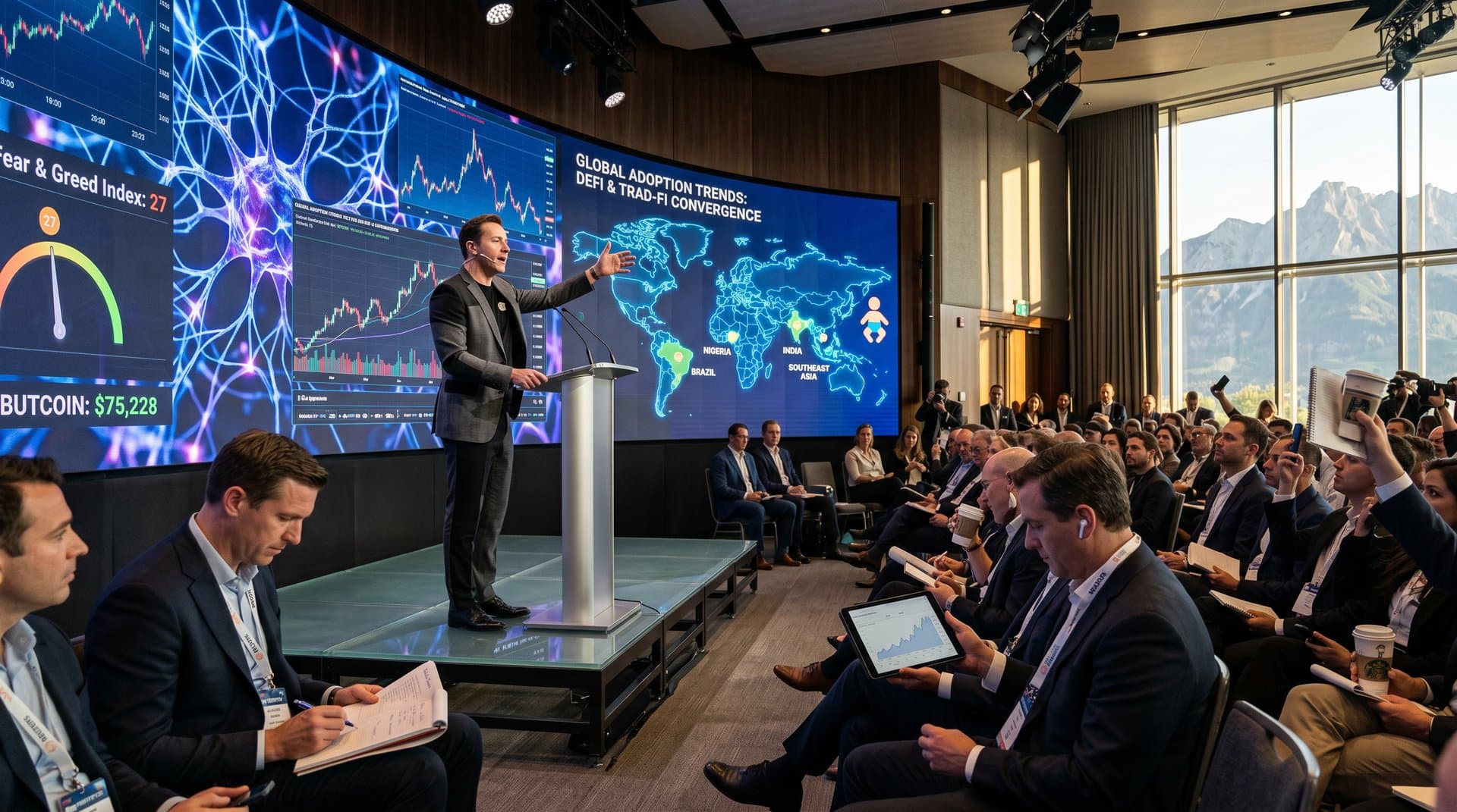Futurist speaker on conference stage with AI visuals, crypto charts, executive chairs, mountain view