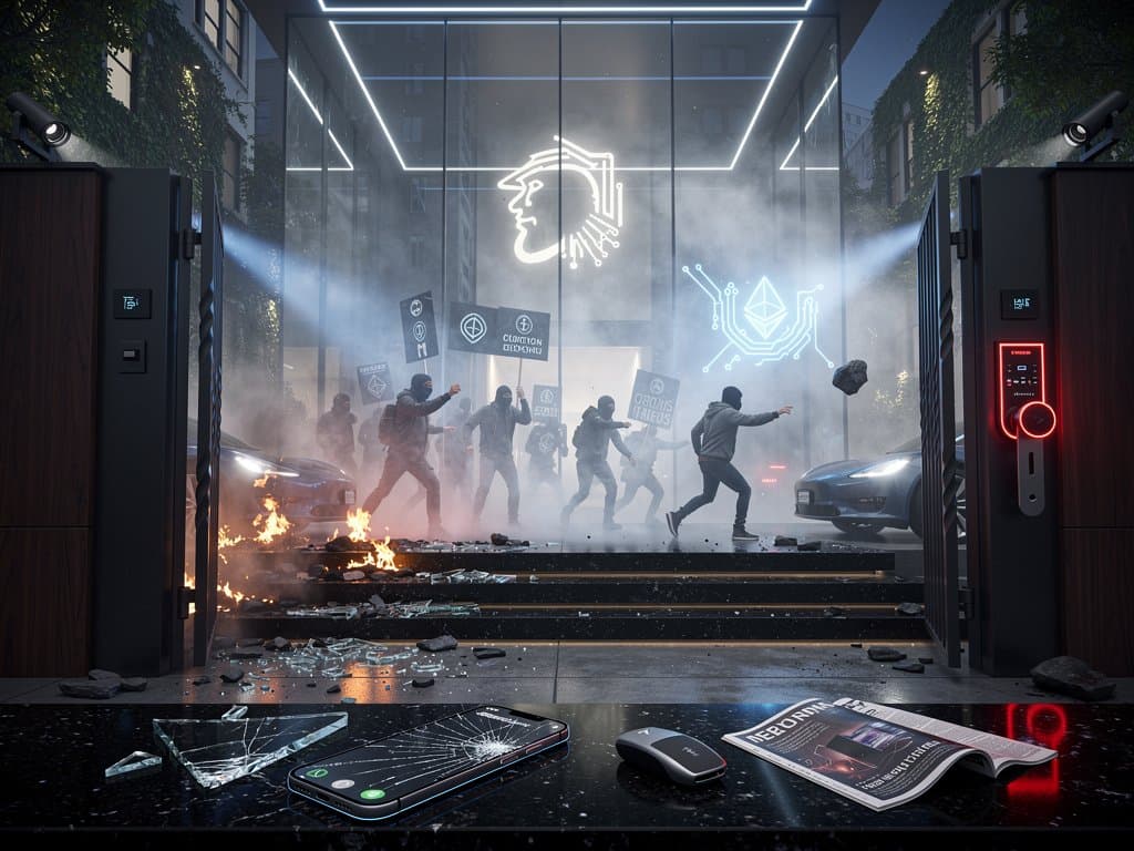 Night protest scene at tech home with Molotov aftermath and blockchain security elements in San Francisco.