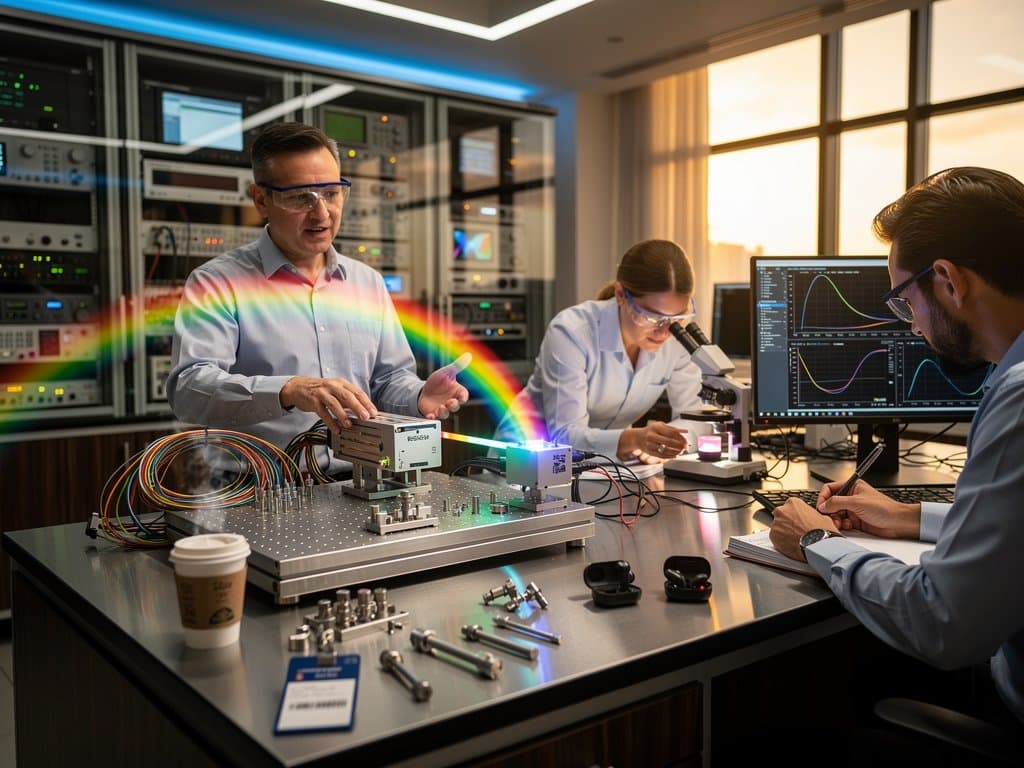 Tunable laser emitting rainbow spectrum on optical breadboard in high-tech photonics lab with monitors and equipment