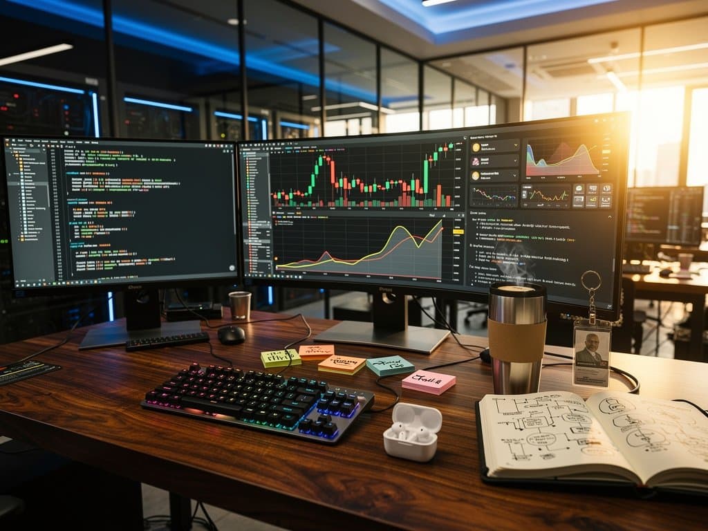Diverse solo engineers in global fintech co-working space coding blockchain and AI with crypto charts on multi-monitors