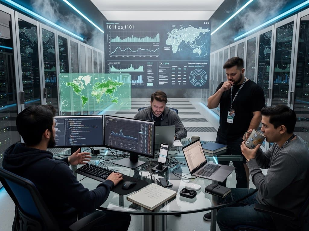 Blockchain engineers in Equinix Tier IV data center analyze Ethereum graphs on multi-monitor setups amid server racks and LED node maps