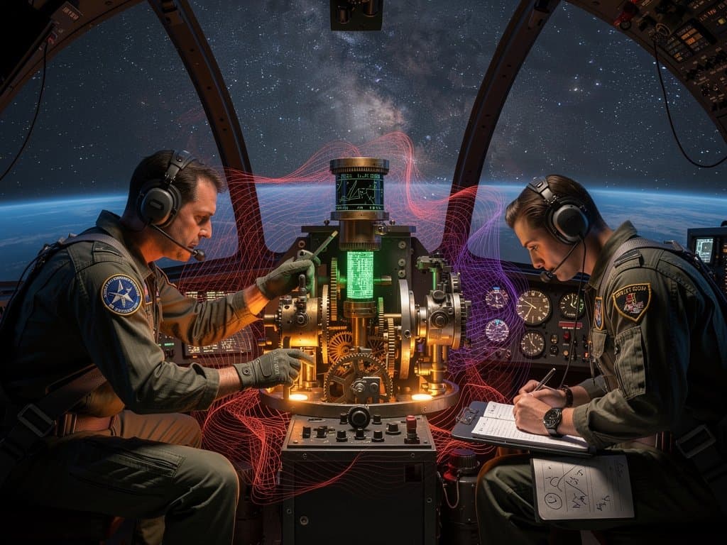 B-52 cockpit star tracker with mechanical gears and cyber shield under starry sky