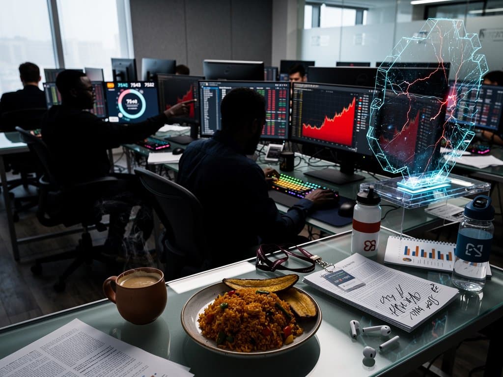 Global trading floor with diverse traders viewing red crypto charts on multi-monitors amid high-speed tension