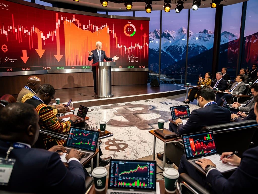 Futurist speaker on stage addresses diverse executives with tech and Bitcoin charts behind