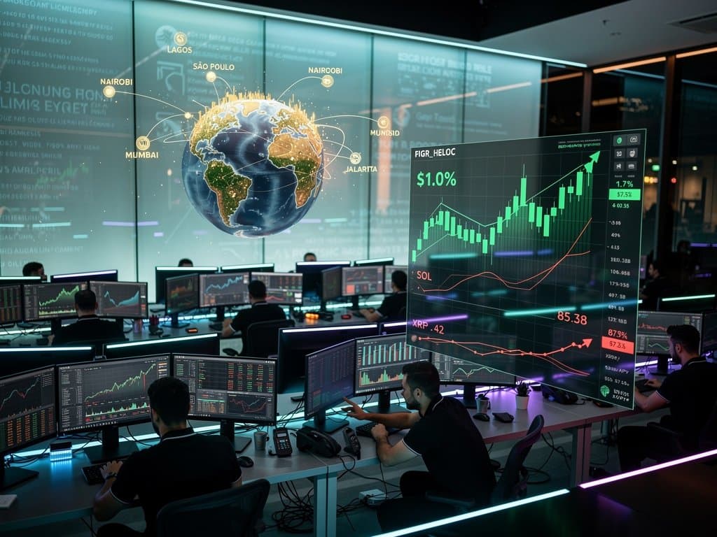 Holographic dashboard shows FIGR_HELOC yields surging past SOL and XRP on global emerging markets map, neon crypto charts