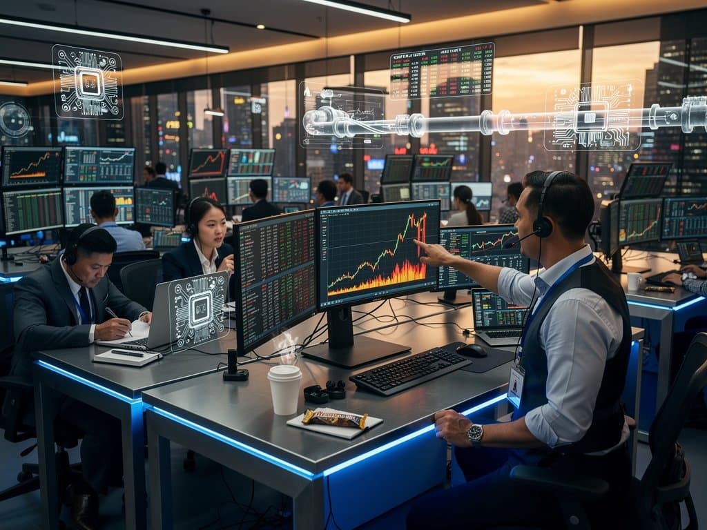 Traders monitor crypto declines and bromine futures spikes on trading floor screens amid memory chip crisis