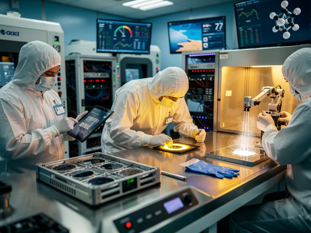 Semiconductor cleanroom etching memory chips with bromine processes, Dead Sea maps, crypto mining servers, and Fear & Greed Index at 27 display