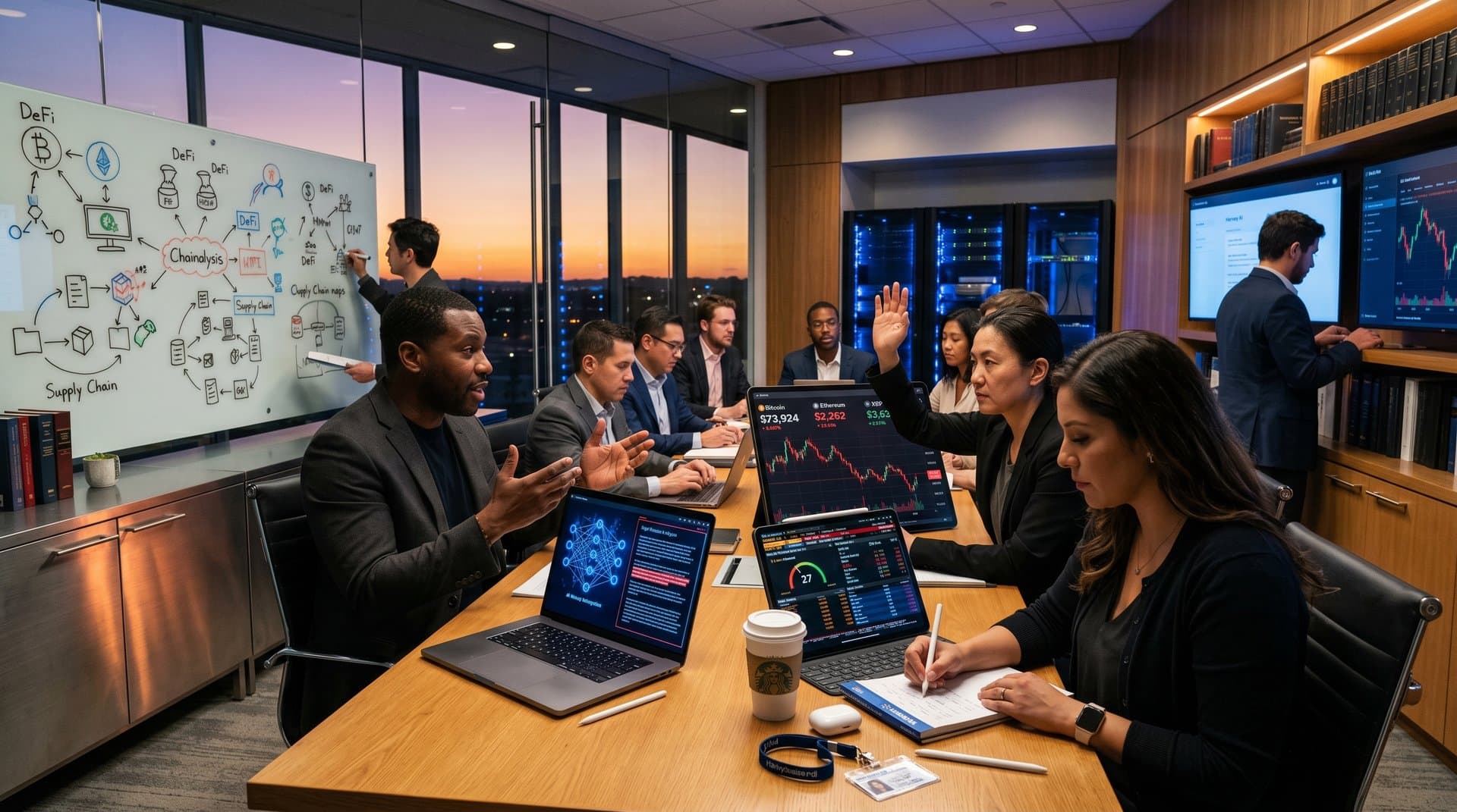 Conference room scene with AI legal tools, BTC charts, and fintech documents in Arkansas