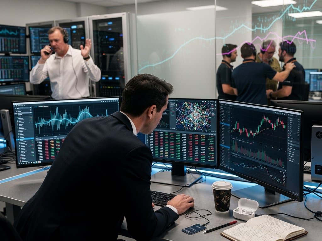 Cybersecurity team analyzes smart speaker emissions on multi-monitors beside Bloomberg Terminal in fintech ops center