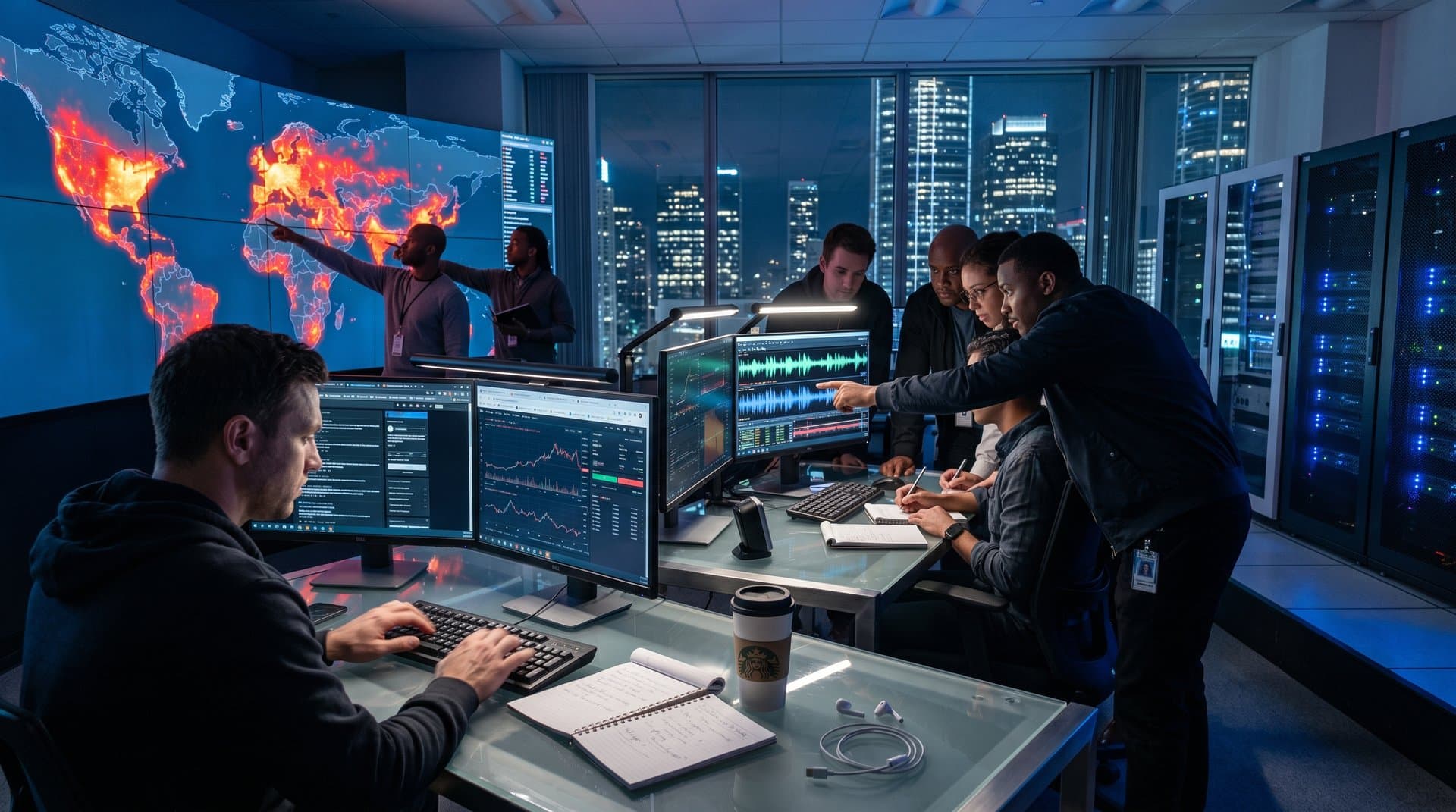 Cybersecurity team monitors SPEAKE(a)R IoT threats on screens in fintech ops center