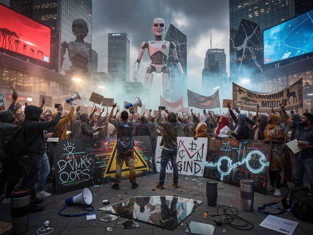 Surreal uncanny valley robot in global anti-AI landscape with crypto charts