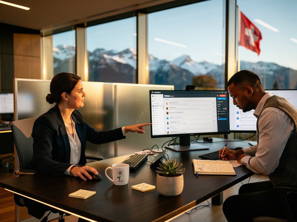 Swiss town hall office with laptops showing secure email providers and AI tools, Alps in background