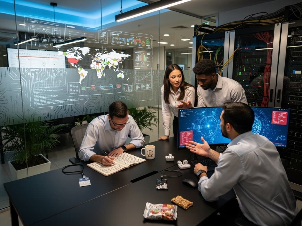 High-tech AI lab with glowing screens showing neural networks and cybersecurity alerts, server racks, digital whiteboards, and modern collaborative setup.