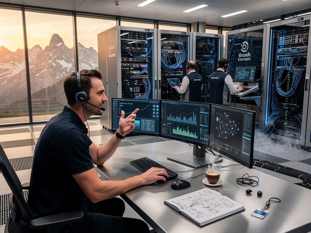 Technicians monitor AI dashboards and server racks in a busy Zurich Tier IV data center with raised floors and alpine views through glass walls