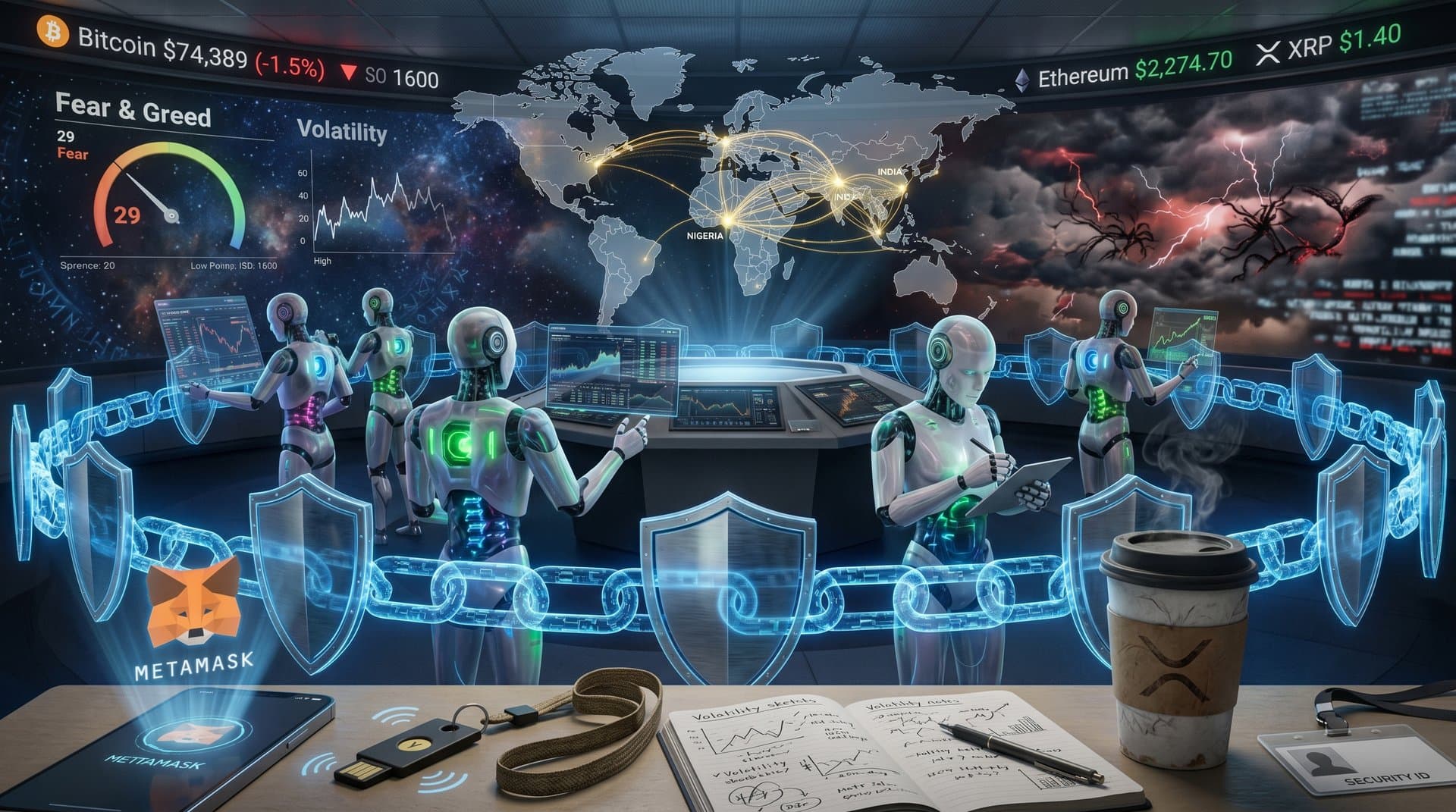 Abstract digital fortress with blockchain shields against cyber threats, global finance elements and crypto charts