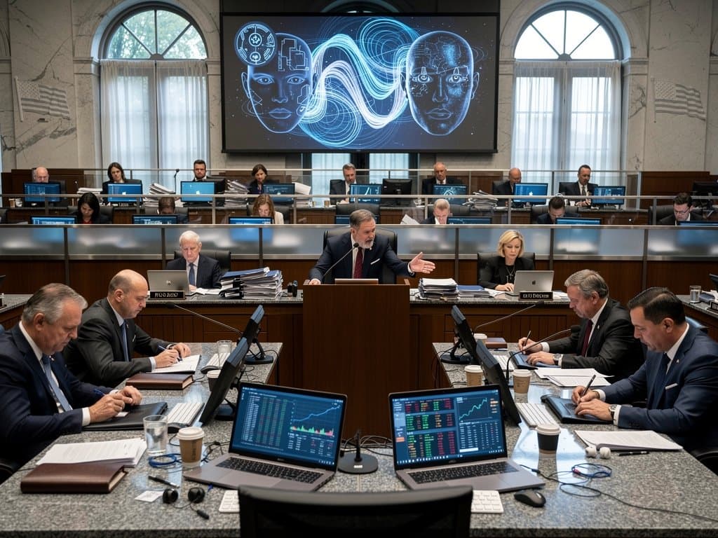 Congressional hearing room with AI graphics on screens, Bloomberg terminals, and policy documents amid professional setup