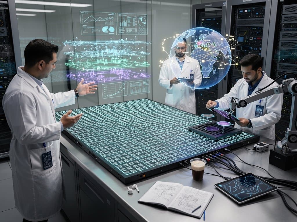 Glowing Cerebras wafer-scale AI chip with blockchain nodes and global maps in high-tech lab