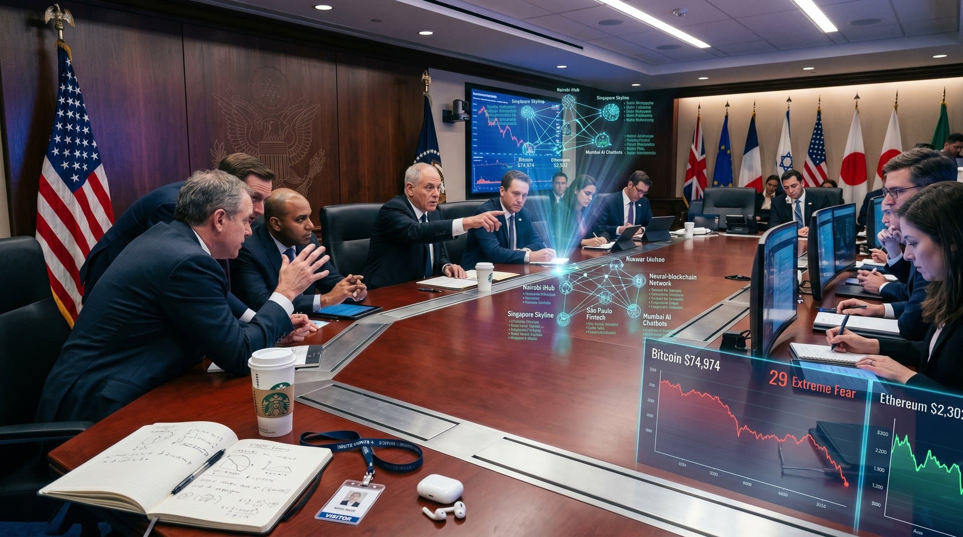 White House briefing room with holographic Anthropic Mythos AI diagrams, crypto Fear & Greed 29 charts, and global collaboration icons