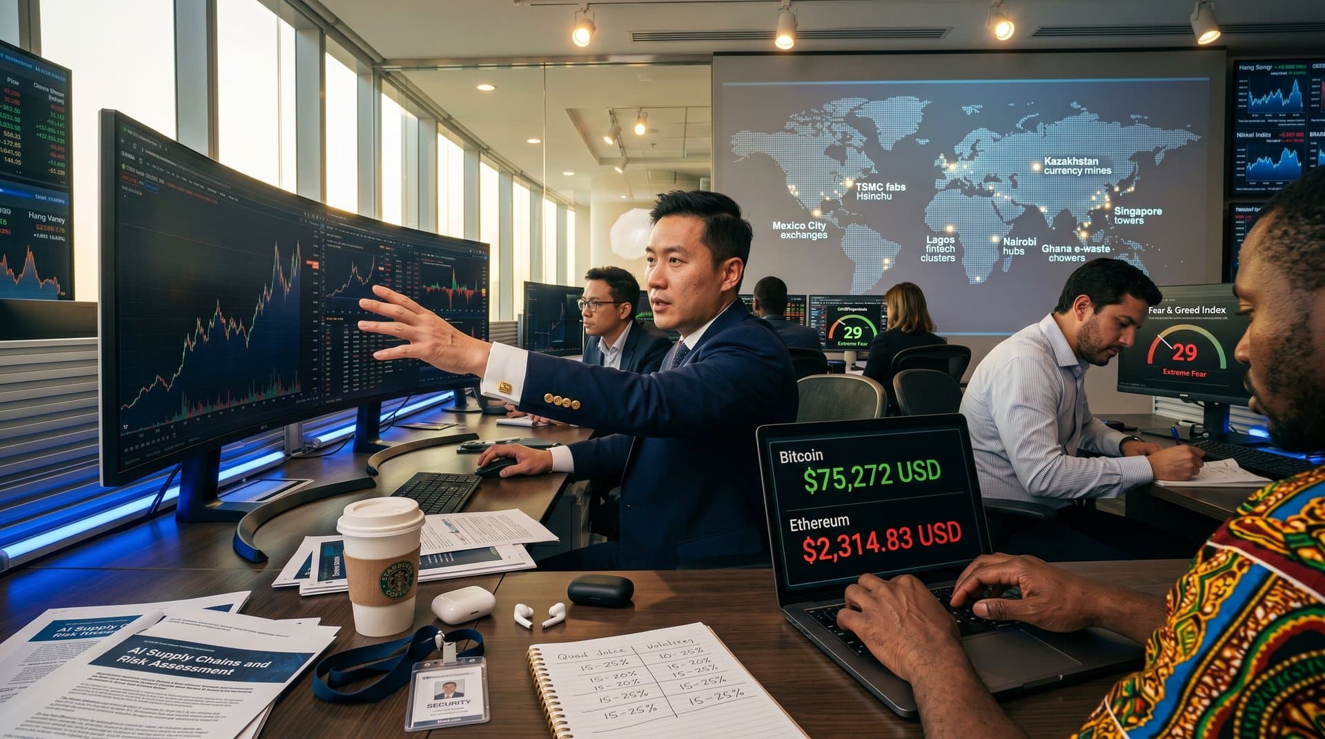 Global traders analyze Nvidia charts, BTC prices at $75,272 USD, and Fear & Greed Index 29 on screens in modern finance hub with world map backdrop highlighting TSMC, Lagos, and Singapore