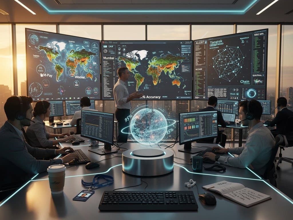 Holographic AI cybersecurity visualizations in high-tech global command center
