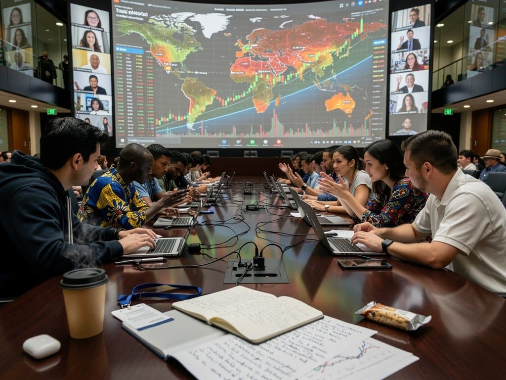 Abstract avatars debate in virtual campus forum with sentiment heatmaps, global maps, and BTC charts in futuristic tech style