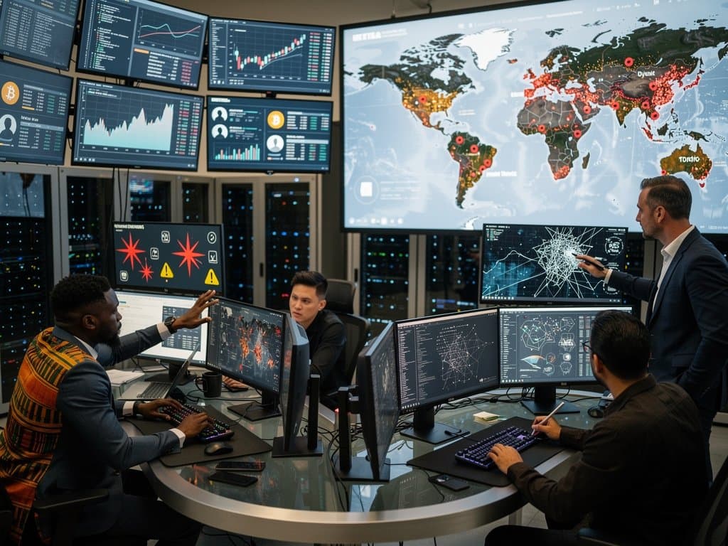 Diverse global team analyzes GitHub fake stars on monitors in futuristic lab with world map and data visuals