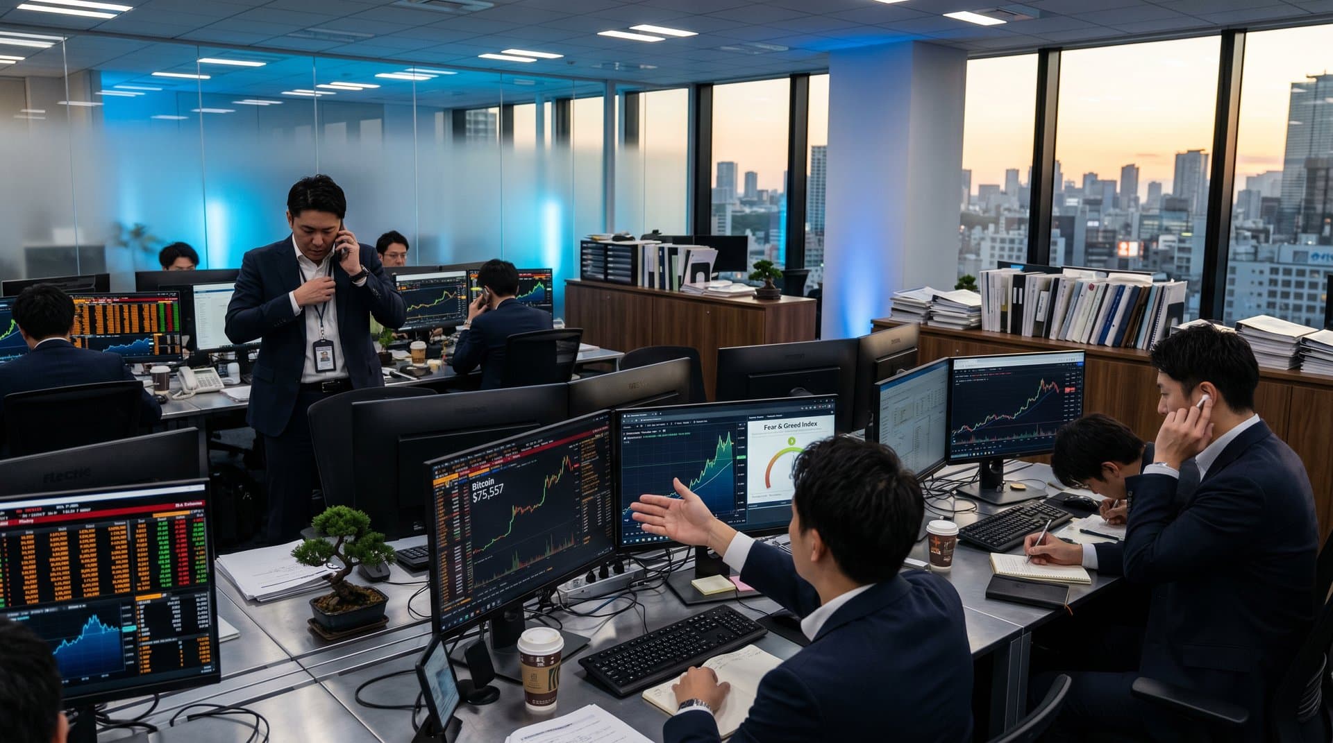 Tokyo trading floor with Bloomberg terminals showing BTC $75K, Fear & Greed 29, crypto charts, skyline view, high-tech desks with bonsai and clocks