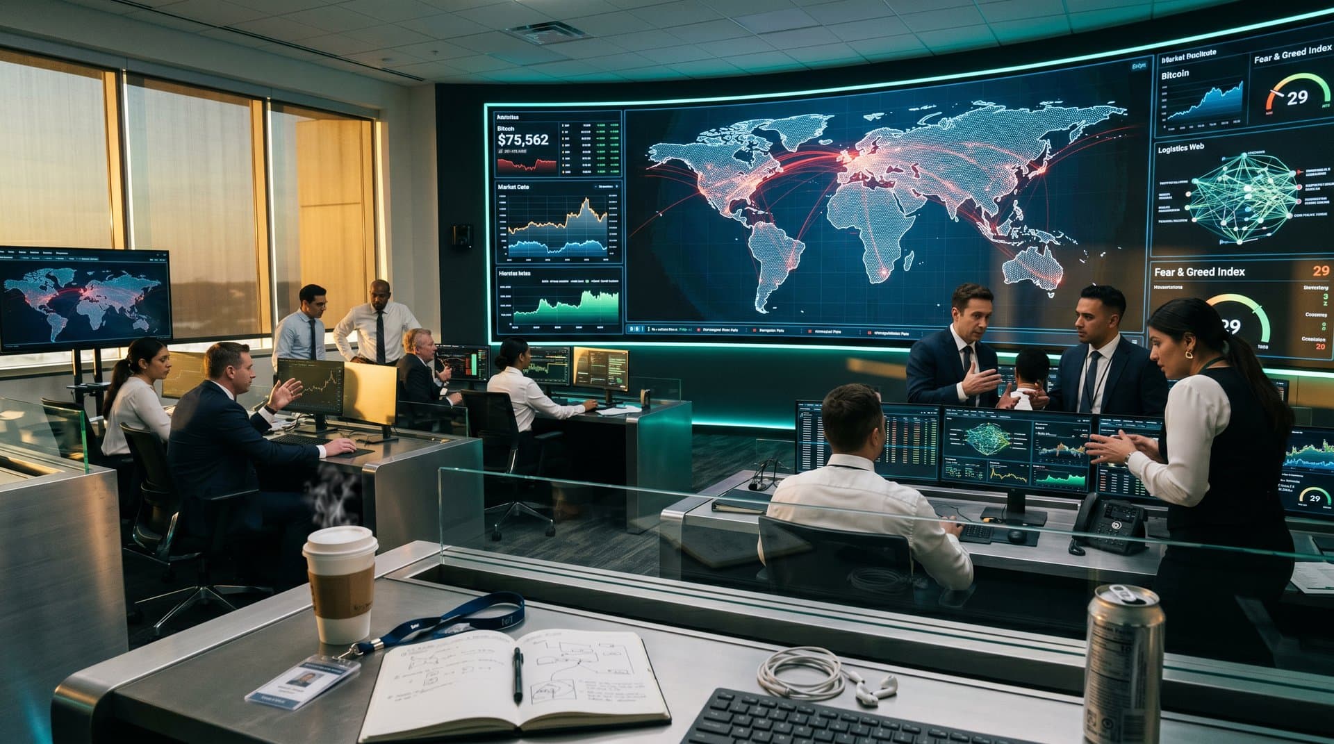 Holographic AI defense command center with blockchain overlays on global maps