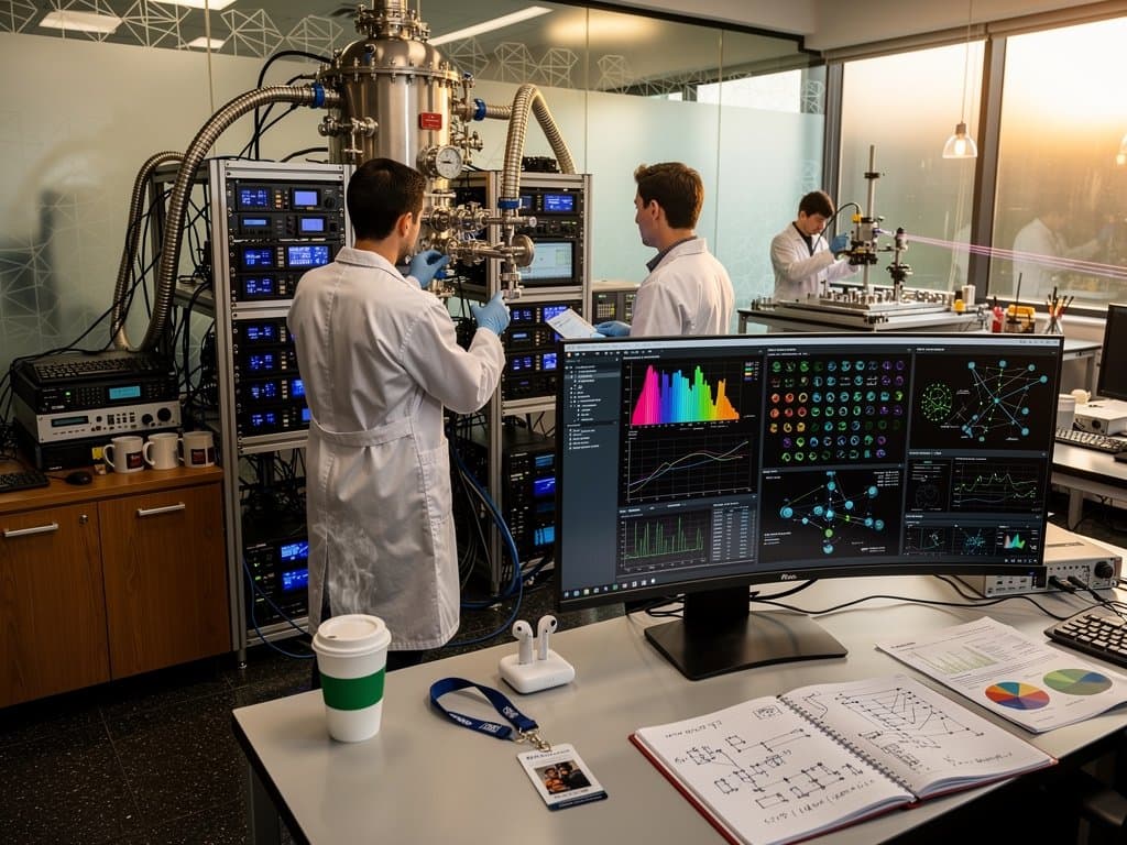 Quantum lab equipment with qubit graphs, blockchain visualizations, and cryogenic setups under blue lights