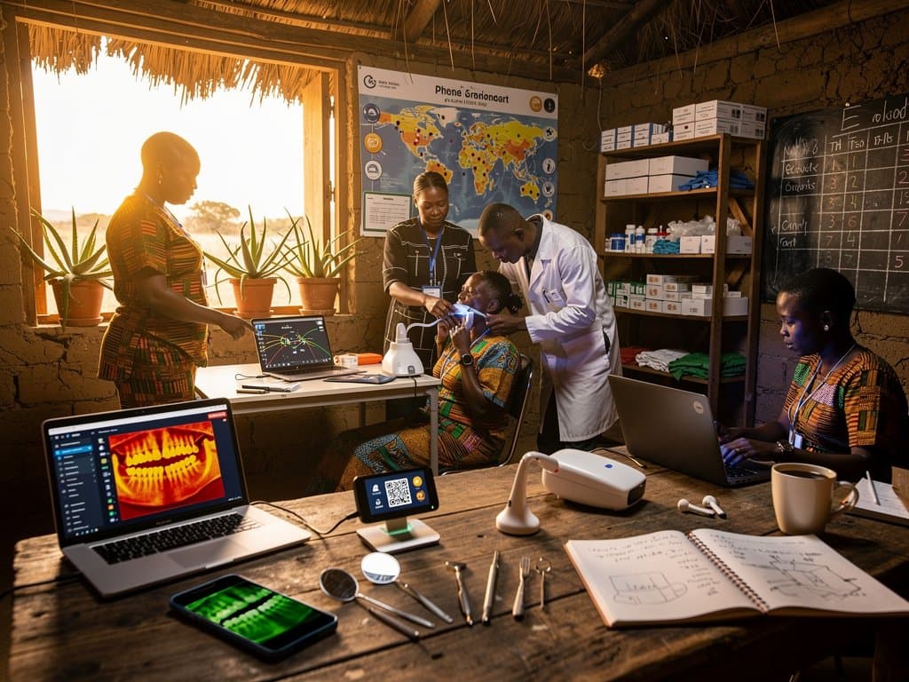 Rural dental clinic scene with AI smartphone diagnostics, scanner, and global connectivity elements