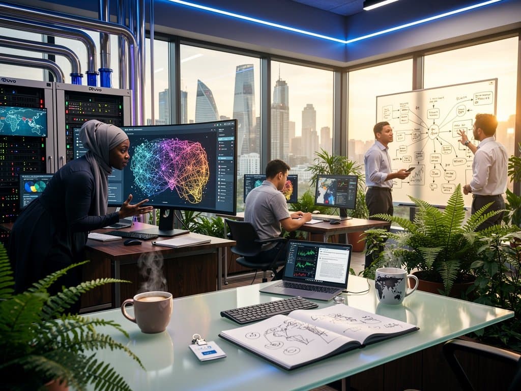 Atlassian office with AI data visualizations, Jira dashboards, server racks, and global maps highlighting privacy concerns