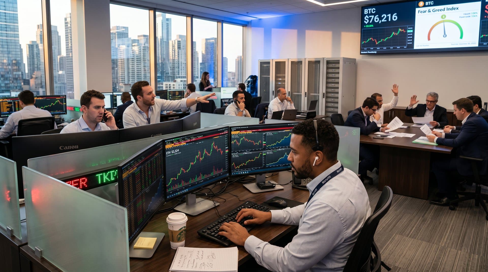 Trading floor monitors Ethereum price charts at $2,324 amid crypto tickers and market data displays