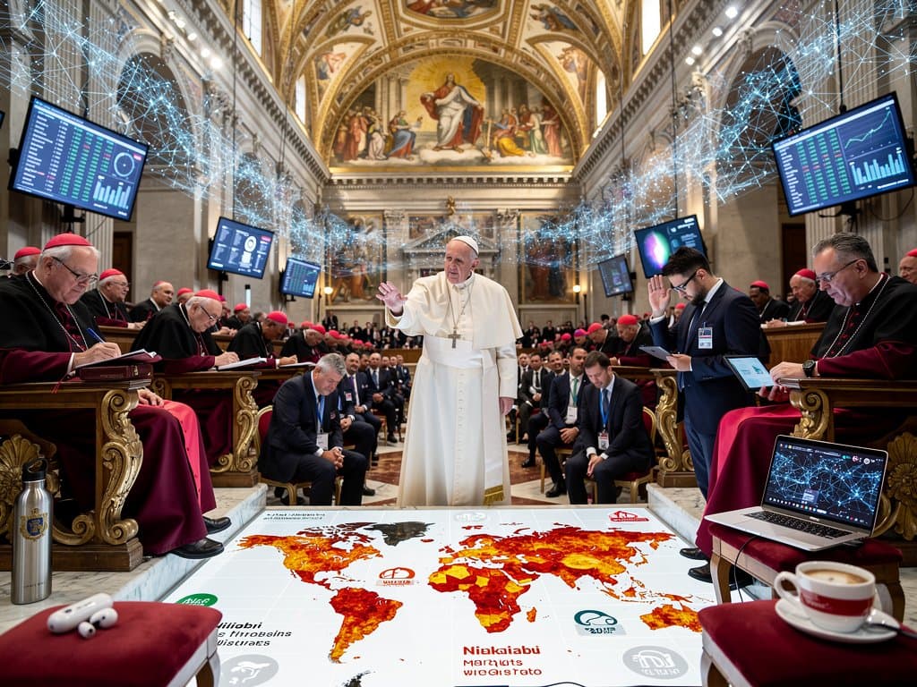 Vatican hall fuses ancient frescoes with holographic AI networks, global risk maps, and crypto charts illustrating Pope Leo AI dangers