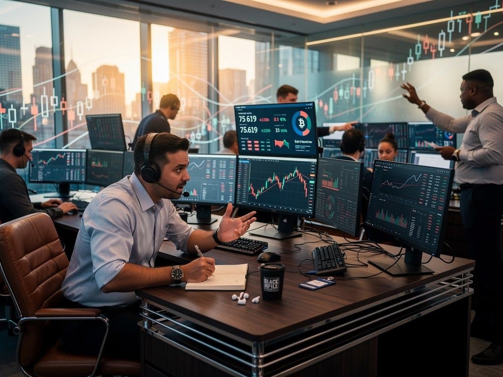 Modern trading floor screens show BTC at $75,619, Fear & Greed at 33, crypto charts on desks with market tickers and volatility visuals.