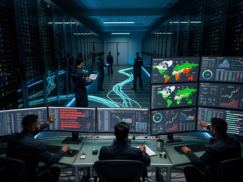 Engineers monitor blockchain transactions and freeze alerts on multi-monitor setups in a high-security Tier IV data center control room