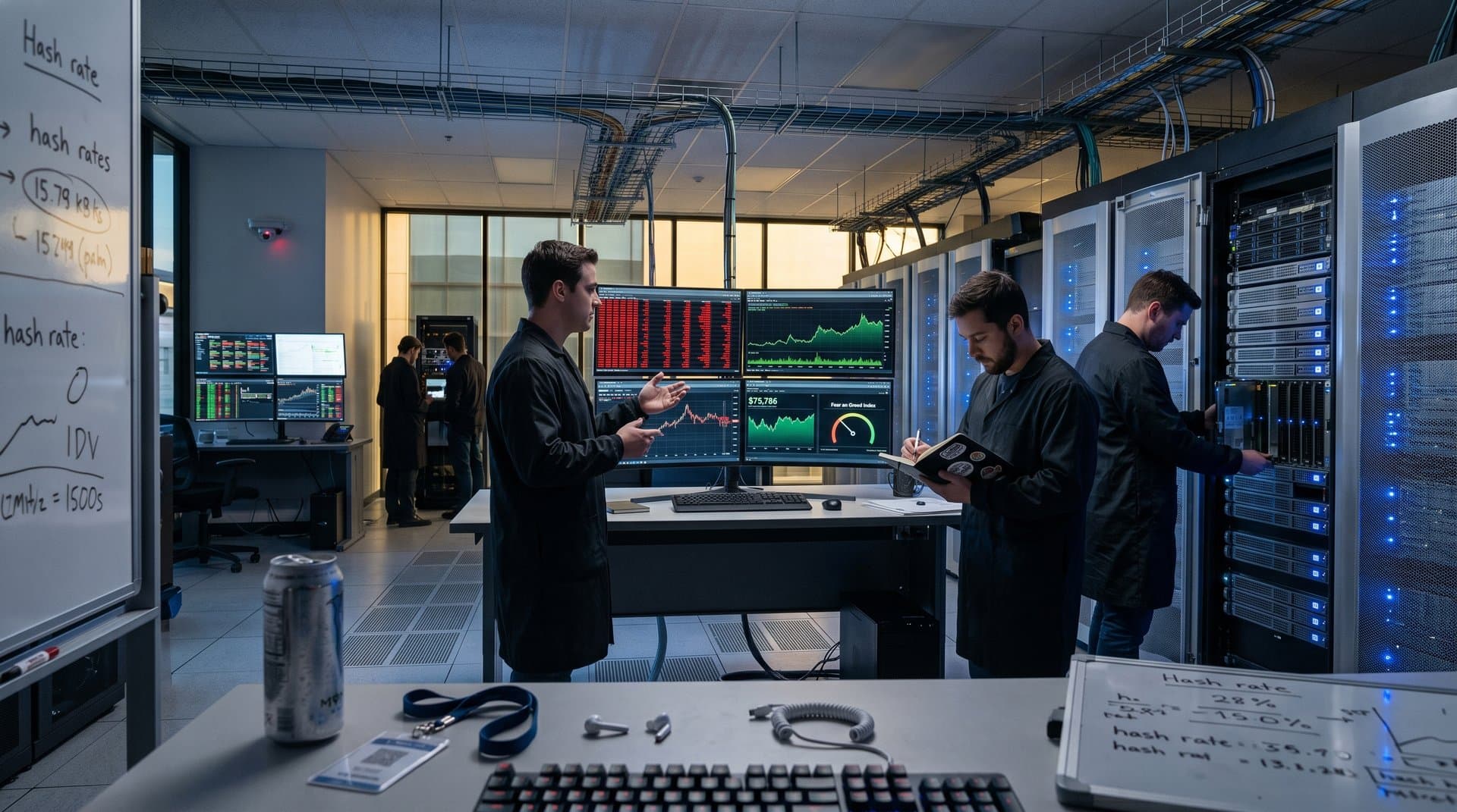 Data center screens show blockchain alerts, BTC at $75K, and Fear & Greed at 33 amid server racks