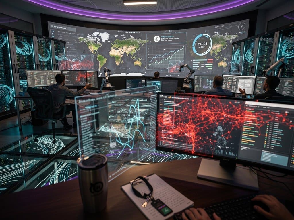 Blockchain security operations center with glowing data visualizations, heat maps, and global transaction monitors highlighting suspicious crypto flows.