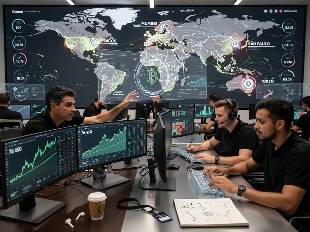 Monitors displaying aligned BTC spot and cryptocurrency derivatives charts with global 24/7 trading visuals