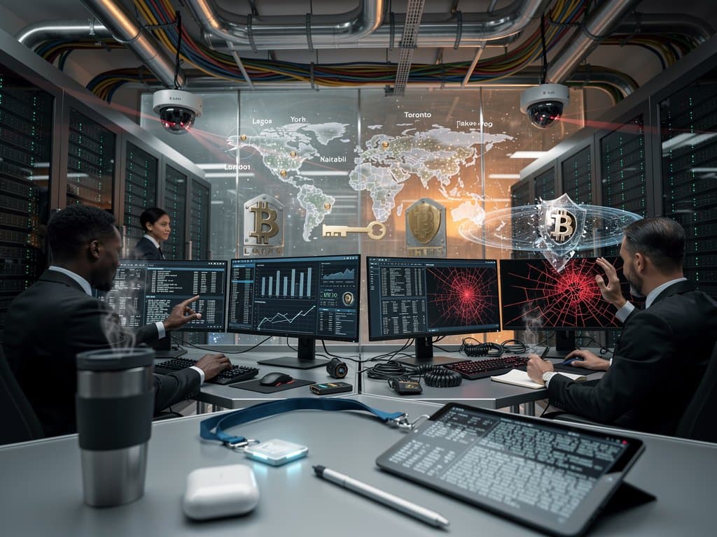 Glowing server racks and digital alerts in a secure blockchain data center, symbolizing protection against crypto hackers