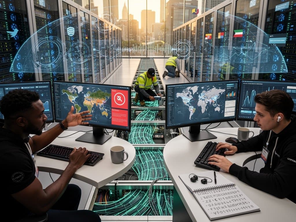 Cybersecurity team monitors global threats and blockchain data in advanced operations center with servers and displays