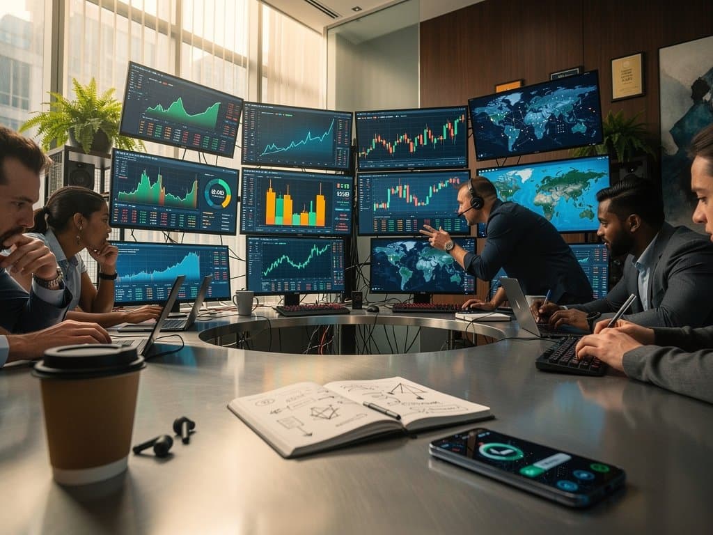 Fintech trading floor monitors show Bitcoin at $75,893, Ethereum charts, Fear Index 33, and global blockchain adoption map