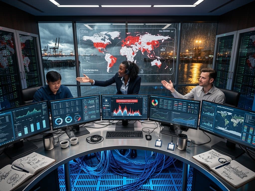 Silhouetted engineers monitor EESI Global crypto freeze on consoles amid server racks and global threat maps in secure data center.