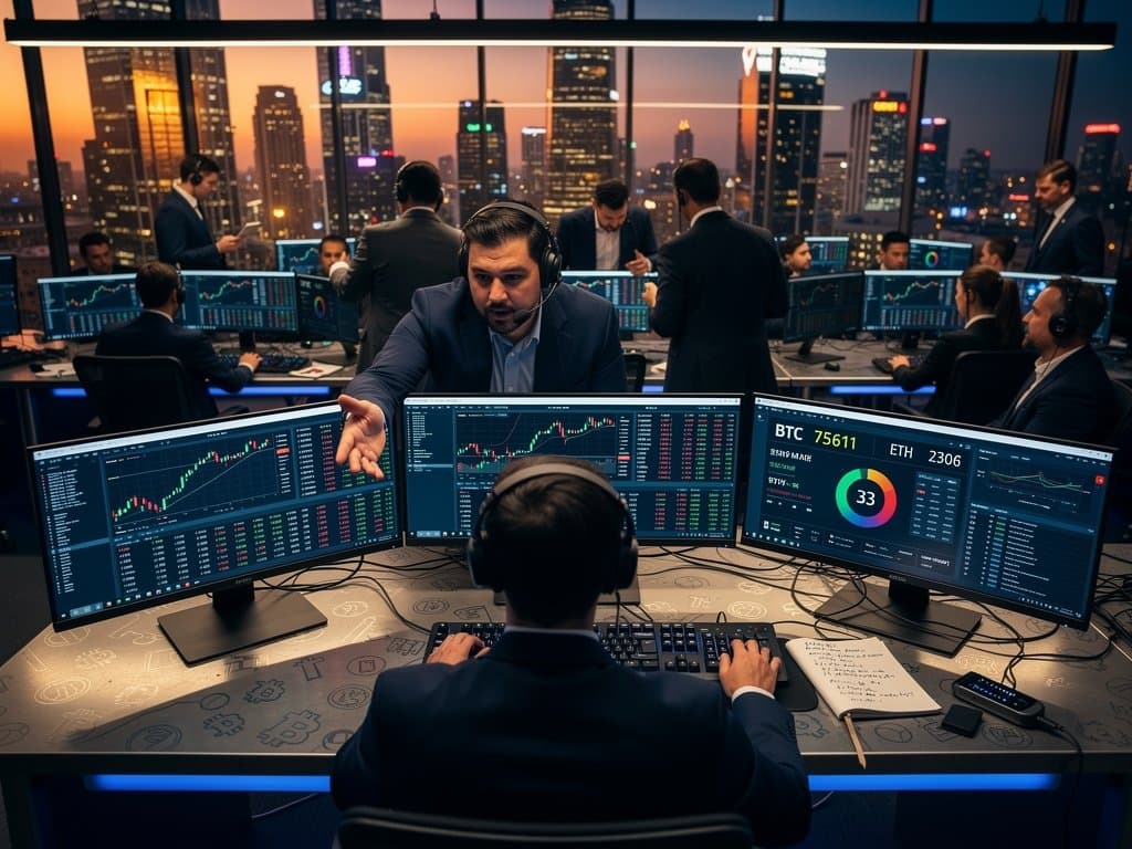 High-tech trading screens show BTC at $75,611, Fear & Greed 33, stablecoins in global fintech office with skyline