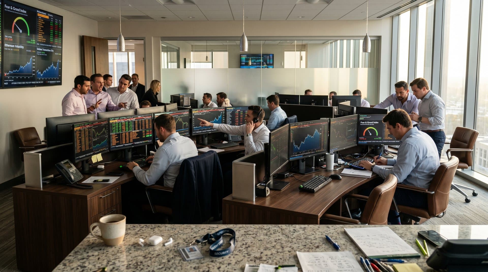 Trading floor desks with Bloomberg terminals showing Bitcoin $75K charts, Fear & Greed Index 33, crypto market data in high-tech finance environment