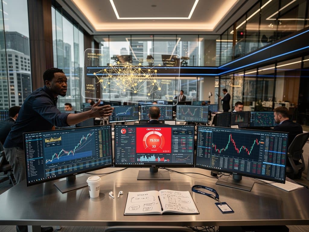 Abstract AI networks over global finance hubs with crypto Fear & Greed chart at 33