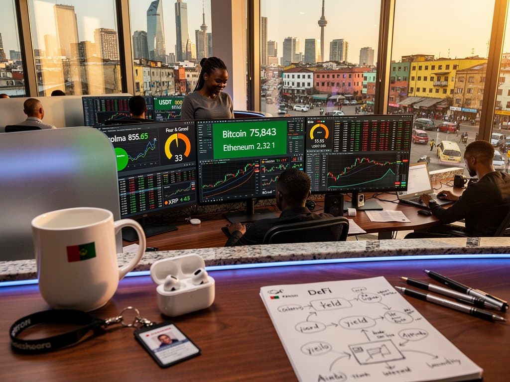 Fintech trading floor monitors BTC $75K charts, Fear & Greed at 33 amid LED lights and modern desks