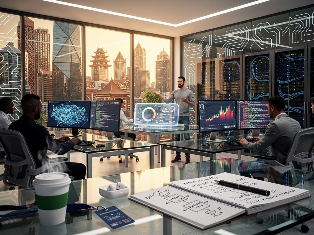 AI lab monitors with keystroke data visualizations, keyboards, servers, crypto dashboard, global skyline