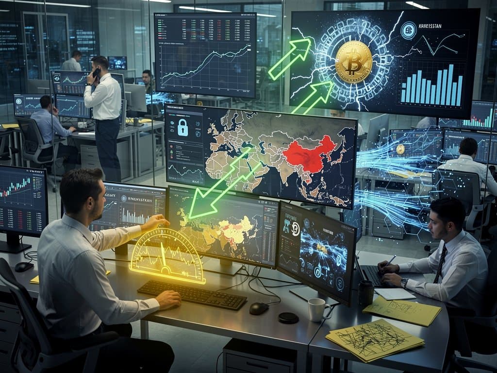 Cyberpunk map of Central Asia illustrating $2B Kyrgyz crypto exchange hack disrupting Russian sanctions evasion with Fear & Greed at 32